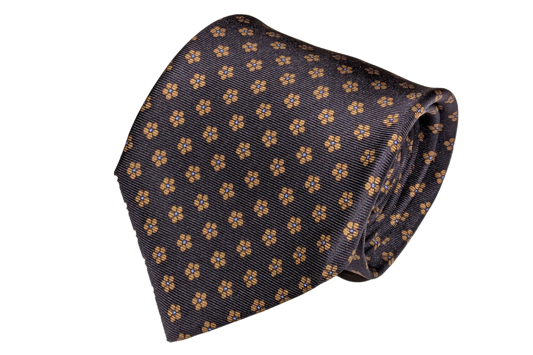 [Merola(メローラ)]※難有り品　ネイビーベースにブラウン系の小紋・50オンスのシルクを使用したネクタイ (管理:OC)